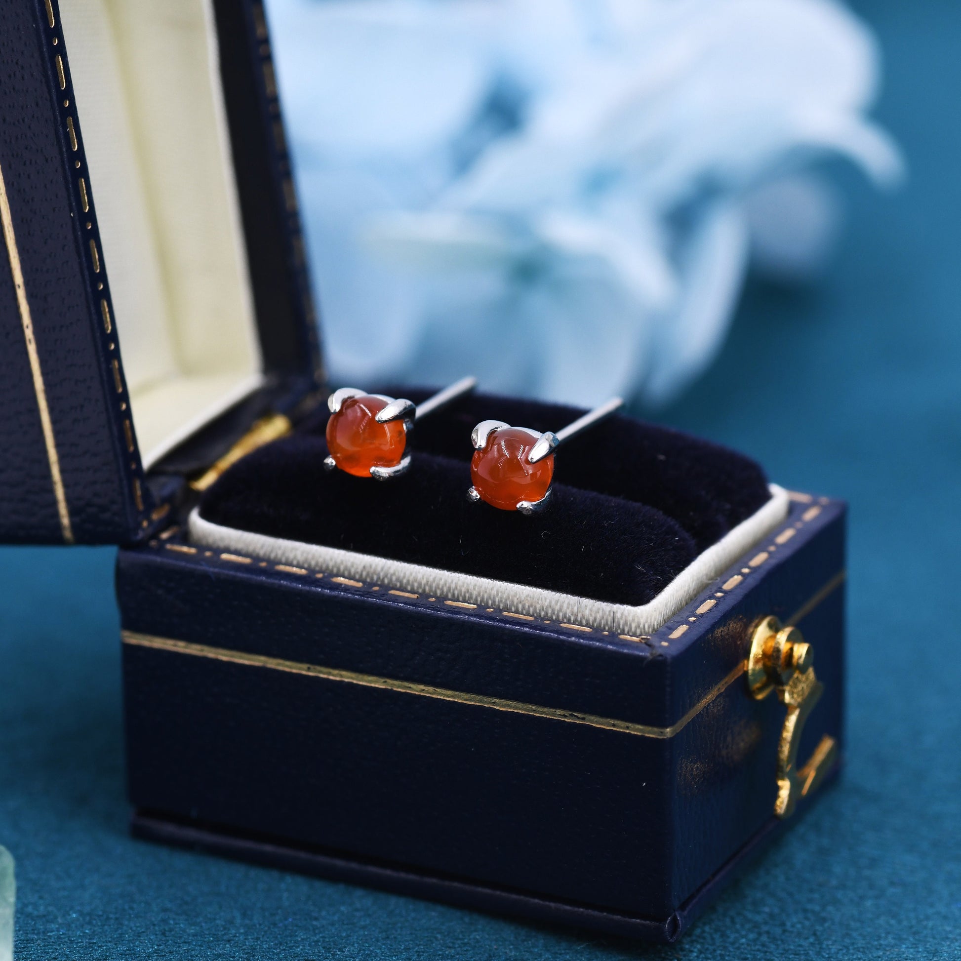 Sterling Silver Red Carnelian Stud Earrings, 4mm Genuine Red Carnelian Stone, Four Prong Set, Semi-precious Jewellery