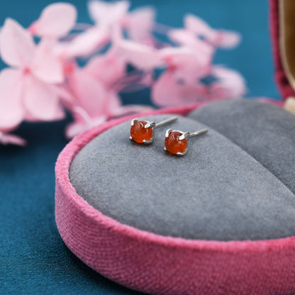 Sterling Silver Red Carnelian Stud Earrings, 4mm Genuine Red Carnelian Stone, Four Prong Set, Semi-precious Jewellery