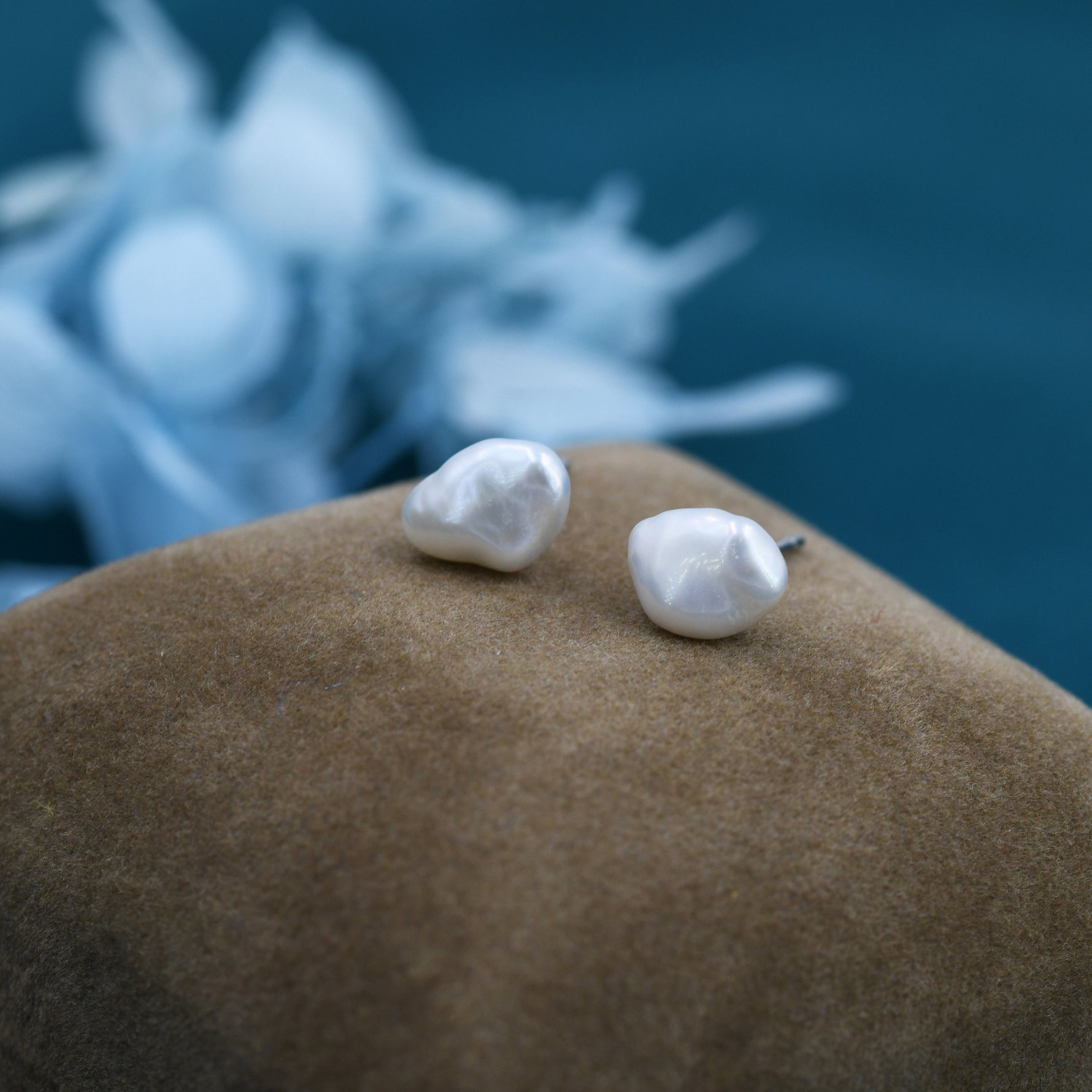 Sterling Silver Genuine Baroque Pearl Stud Earrings, 8mm, Natural Pearl Earrings, Irregular Shape Keshi Pearl Earrings