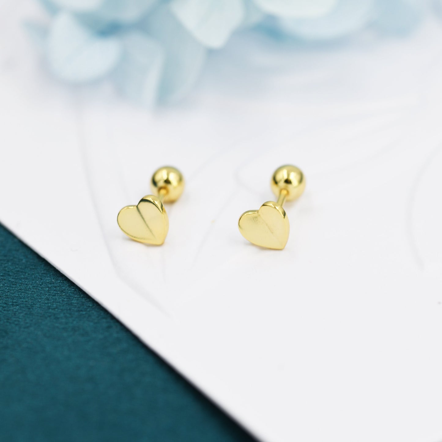 Small Pair of Folded Heart ball back Earrings in Sterling Silver, Rose Gold, Silver, Screw Back Earrings - helix, cartilage, conch, tragus