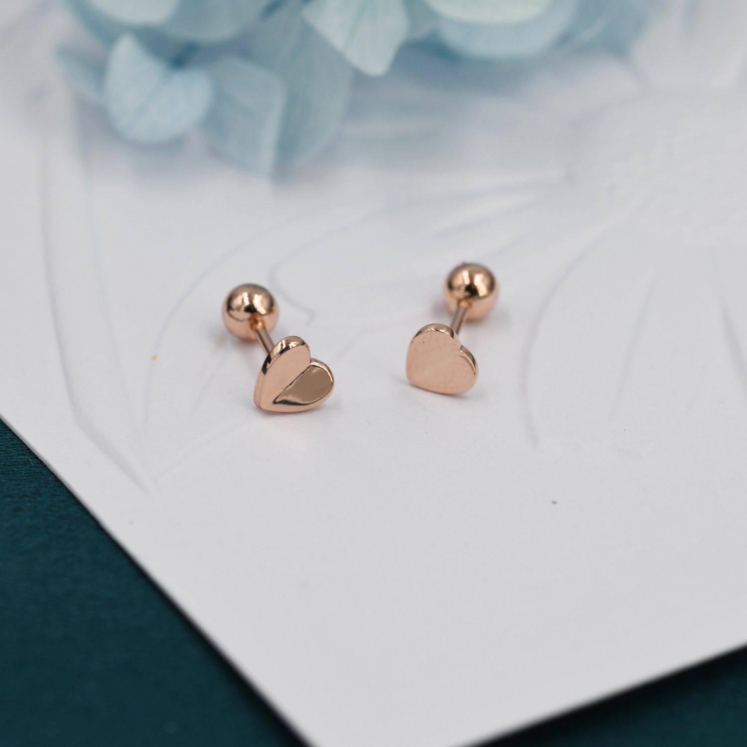 Small Pair of Folded Heart Screw Back Earrings in Sterling Silver, Rose Gold, Silver- helix, cartilage, conch, tragus
