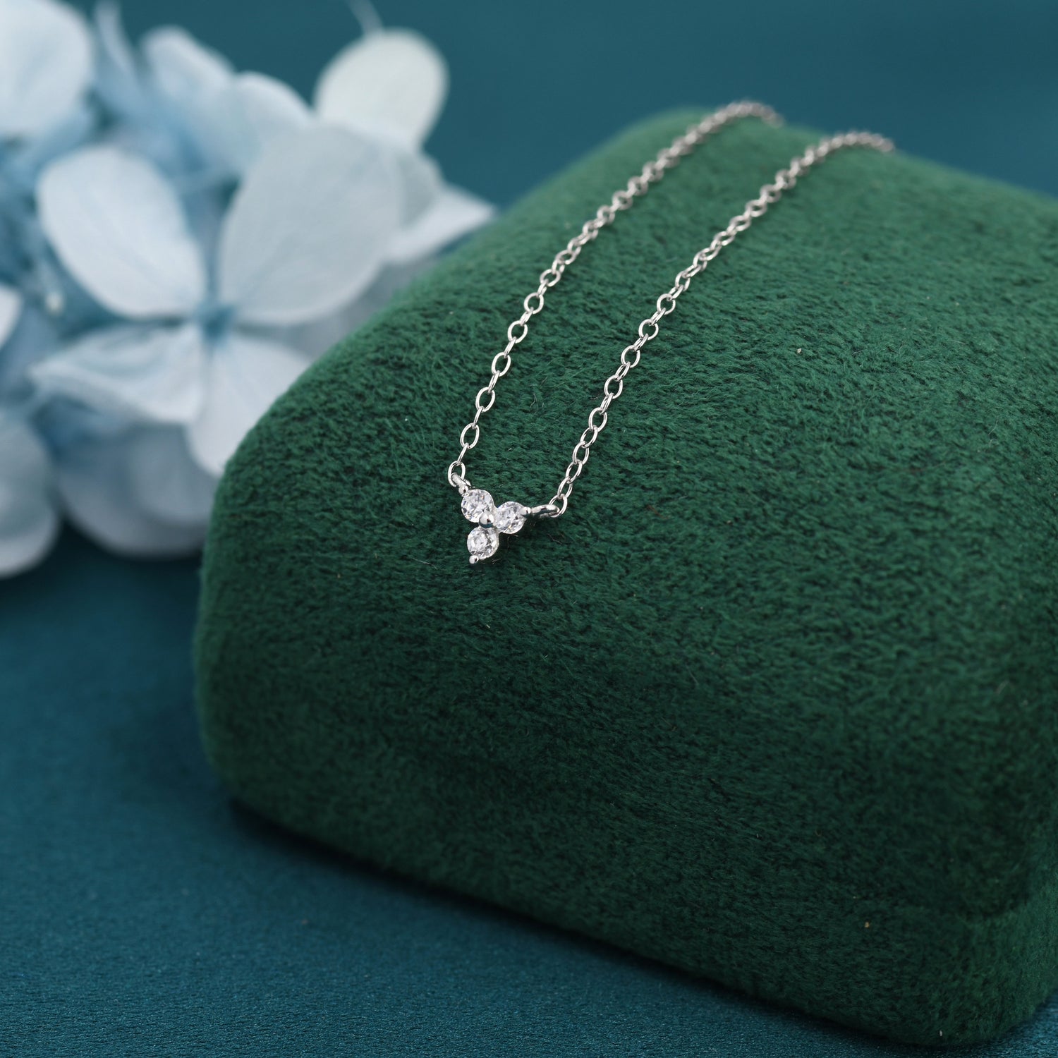 Extra Tiny Three Dot Necklace in Sterling Silver, Three CZ Trinity Necklace, Silver or Gold, Hydrangea Flower CZ Necklace