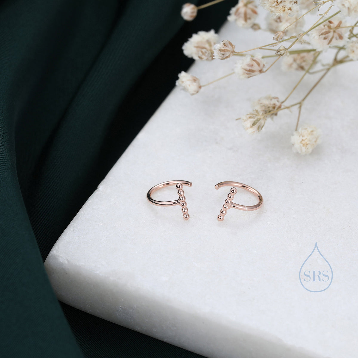 Beaded Bar Open Huggie Hoops in Sterling Silver, Pebble Bar Open Hoops, Bauble Bar Earrings, Silver or Gold or Rose Gold, Bar Earrings