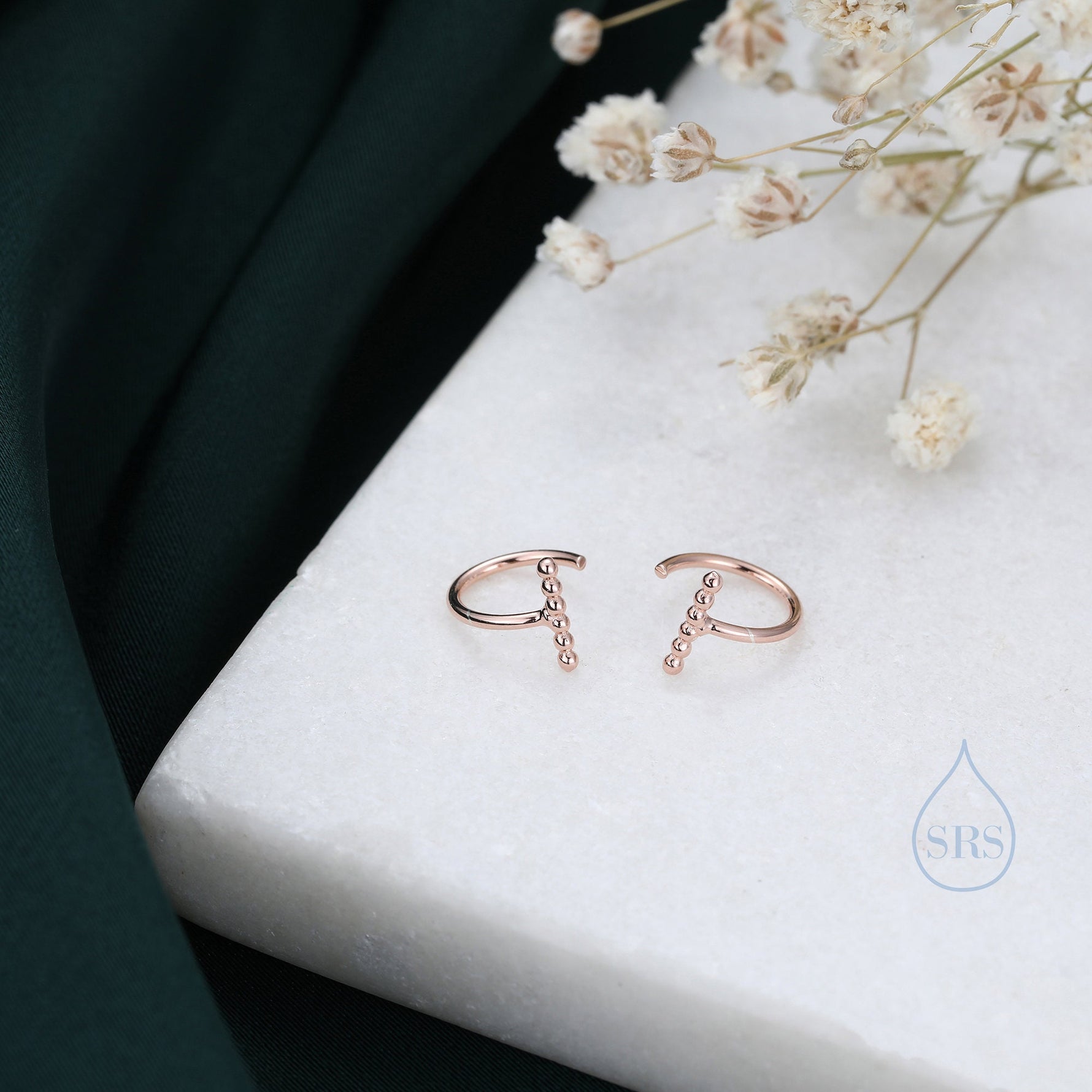 Beaded Bar Open Huggie Hoops in Sterling Silver, Pebble Bar Open Hoops, Bauble Bar Earrings, Silver or Gold or Rose Gold, Bar Earrings