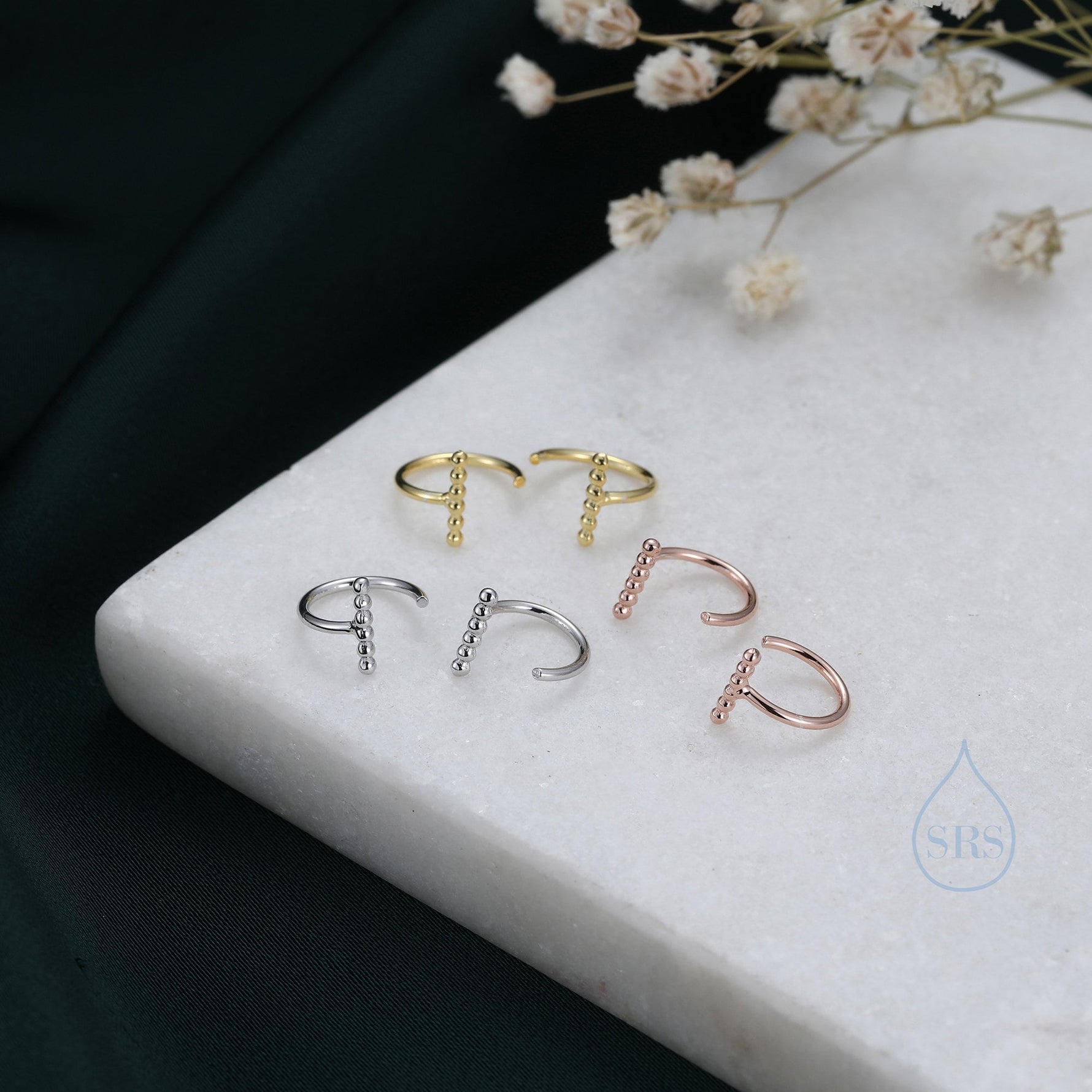 Beaded Bar Open Huggie Hoops in Sterling Silver, Pebble Bar Open Hoops, Bauble Bar Earrings, Silver or Gold or Rose Gold, Bar Earrings