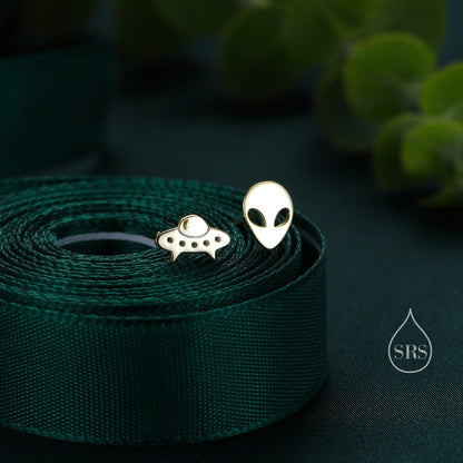 Alien and UFO Mismatched Stud Earrings in Sterling Silver, Silver or Gold, UFO Earrings, Fun and Quirky Jewellery