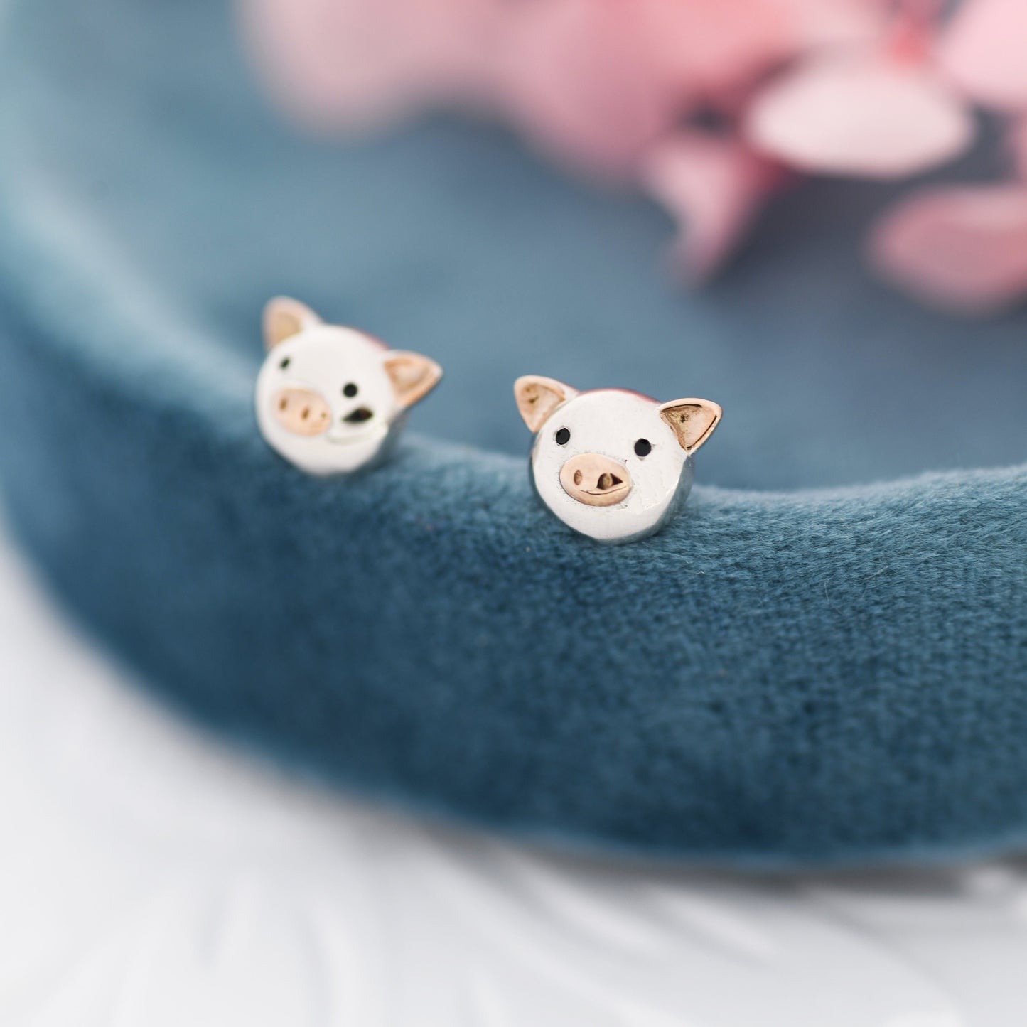 Cute Little Pig Stud Earrings in Sterling Silver - Silver and Rose Gold - Farm Animal Earrings - Whimsical and Pretty Jewellery