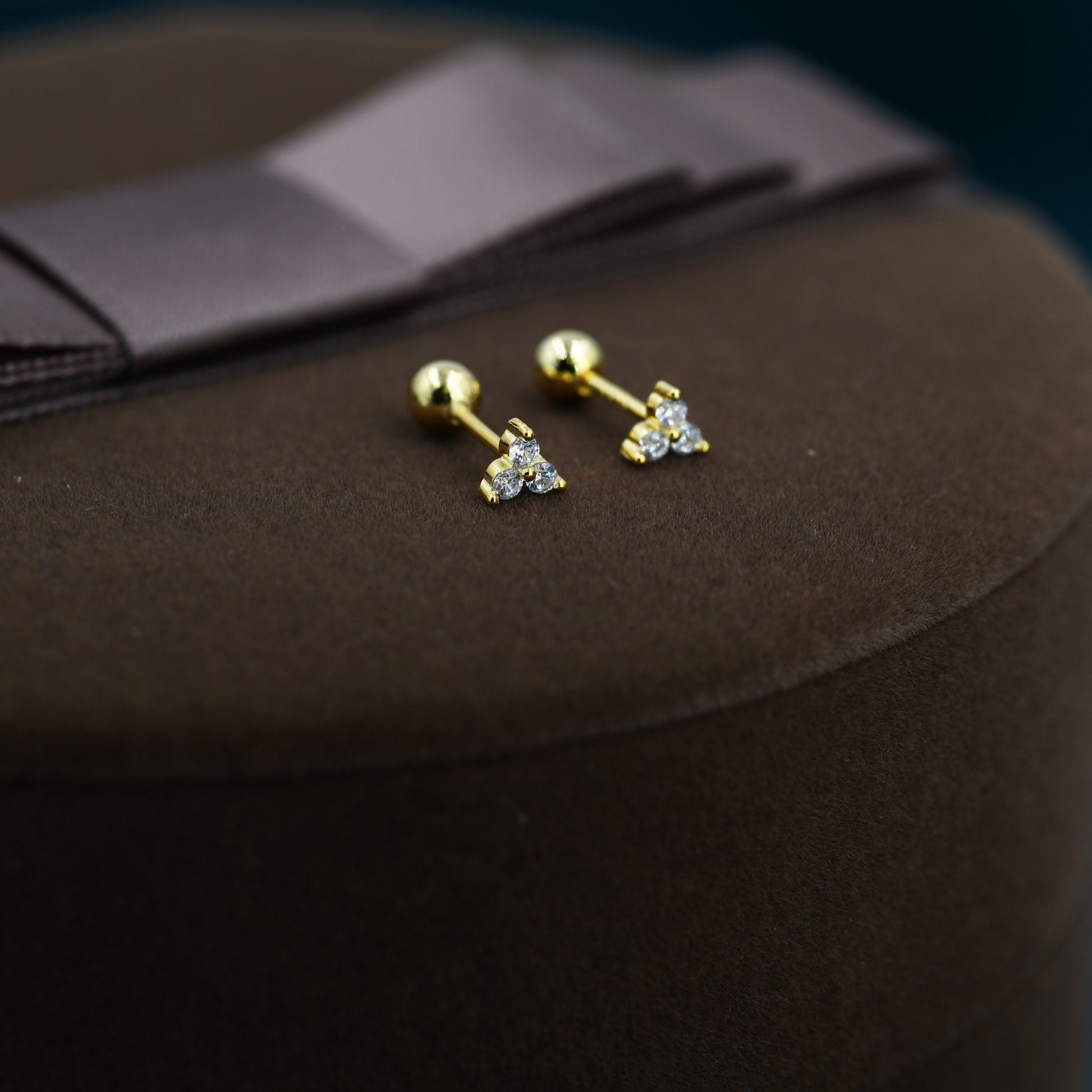 Very Tiny Three Dot Trio Screw Back Earrings in Sterling Silver with Sparkly CZ Crystals, Simple and Minimalist, Geometric and Discreet