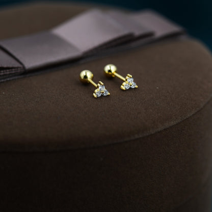 Very Tiny Three Dot Trio Screw Back Earrings in Sterling Silver with Sparkly CZ Crystals, Simple and Minimalist, Geometric and Discreet