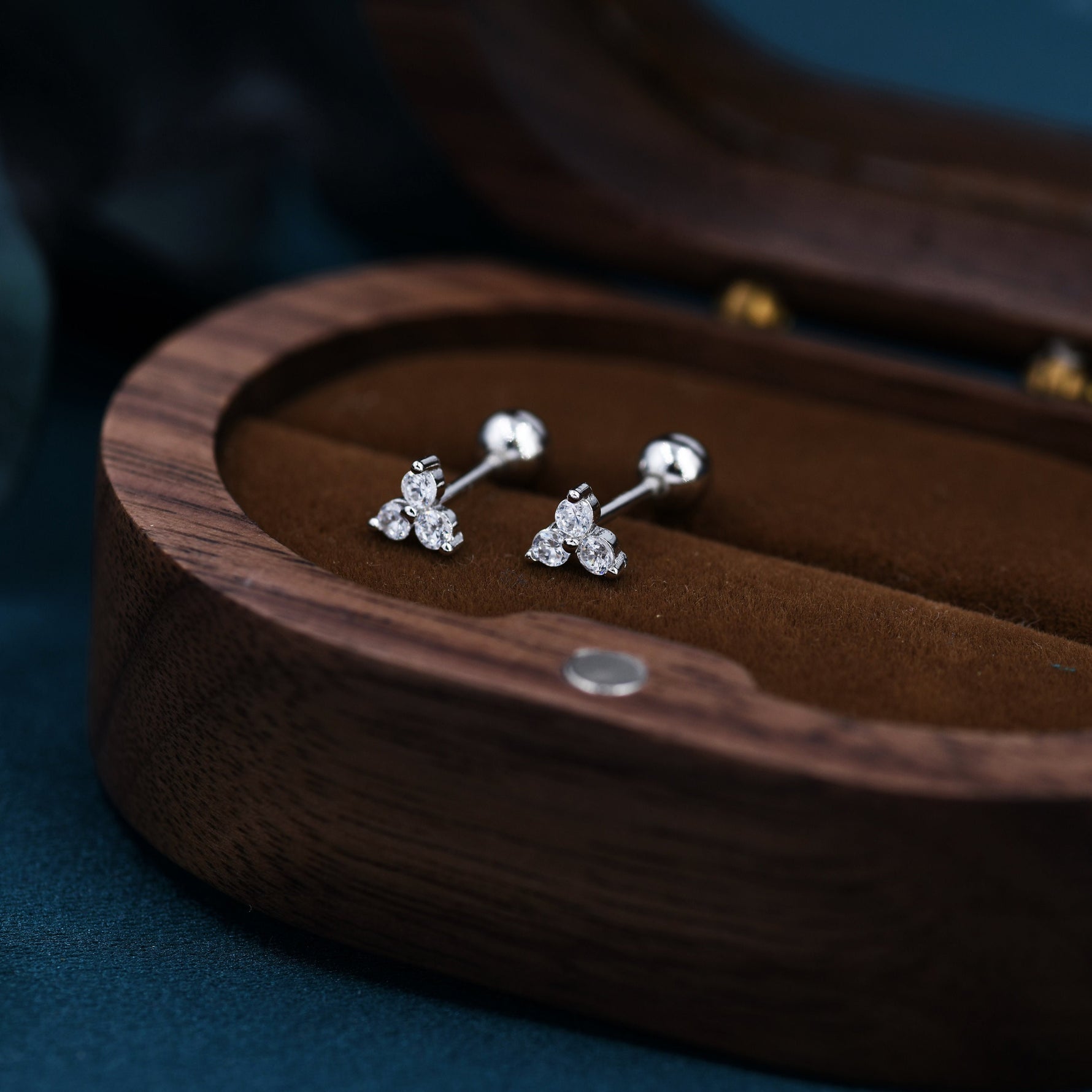 Very Tiny Three Dot Trio 18G Screw Back Earrings in Sterling Silver with Sparkly CZ Crystals