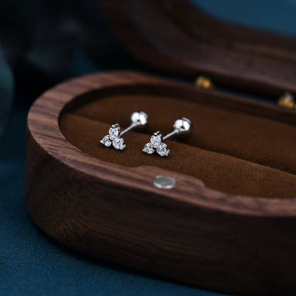 Very Tiny Three Dot Trio Screw Back Earrings in Sterling Silver with Sparkly CZ Crystals, Simple and Minimalist, Geometric and Discreet