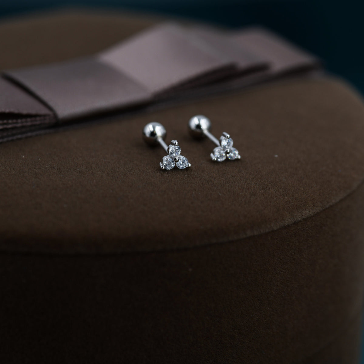 Very Tiny Three Dot Trio 18G Screw Back Earrings in Sterling Silver with Sparkly CZ Crystals