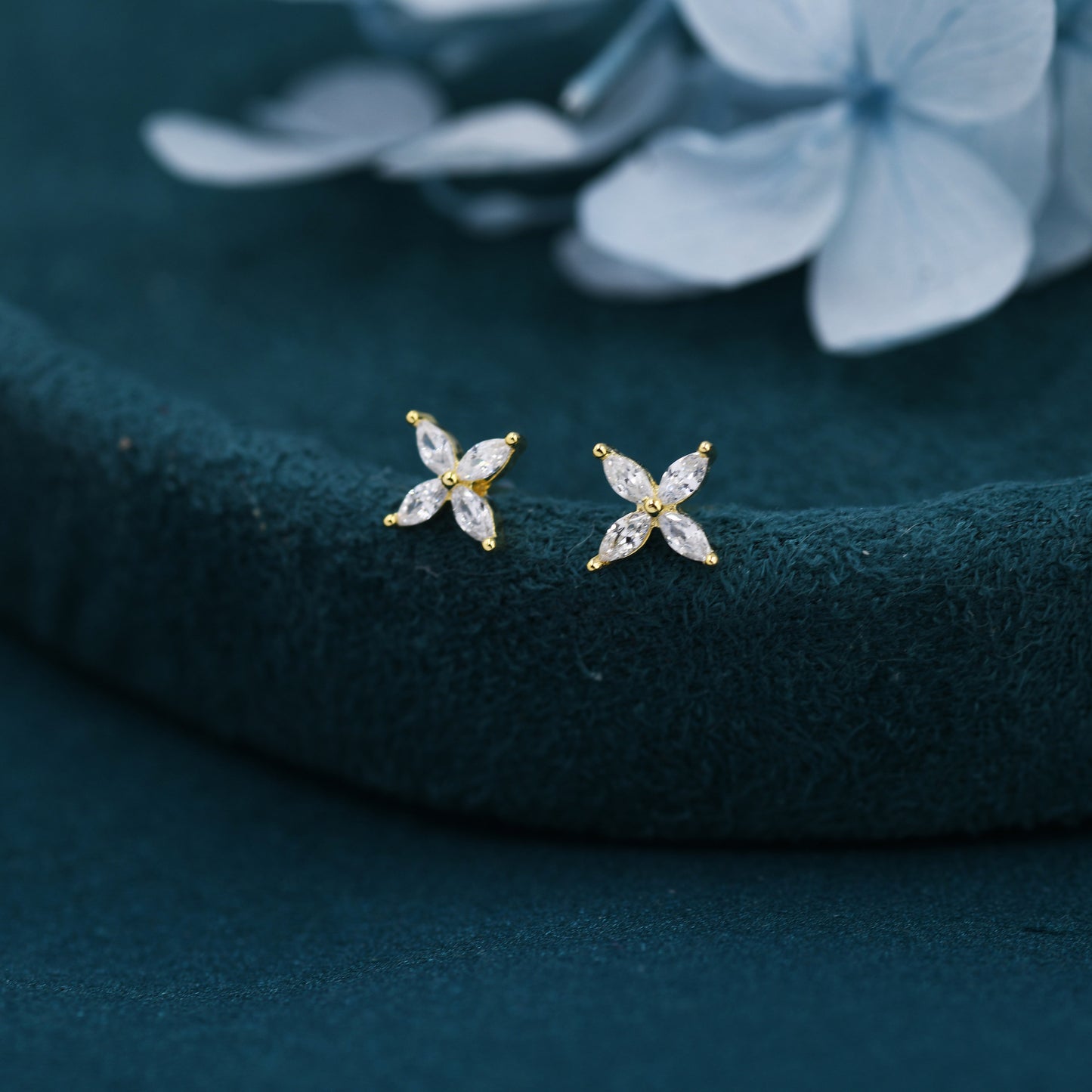 Four Marquise Flower Stud Earrings in Sterling Silver, CZ Flower Earrings, Silver, Gold or Rose Gold, Two Sizes Available