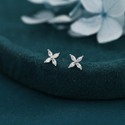 Four Marquise Flower Stud Earrings in Sterling Silver, CZ Flower Earrings, Silver, Gold or Rose Gold, Two Sizes Available