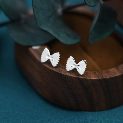 Farfalle Pasta Shape Stud Earrings in Sterling Silver, Ribbon Bow Earrings, Playful and Quirky Food Jewellery, Silver or Gold