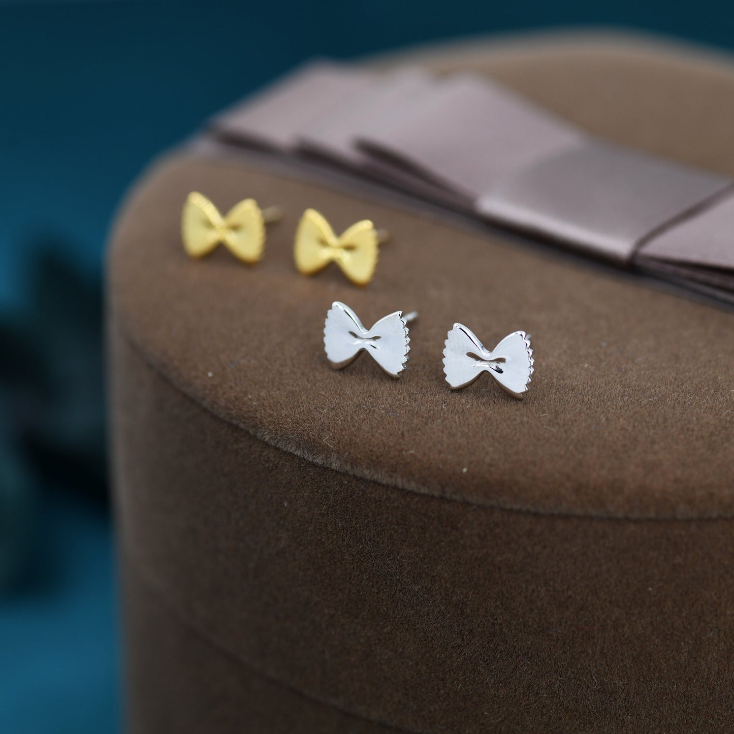 Farfalle Pasta Shape Stud Earrings in Sterling Silver, Ribbon Bow Earrings, Playful and Quirky Food Jewellery, Silver or Gold