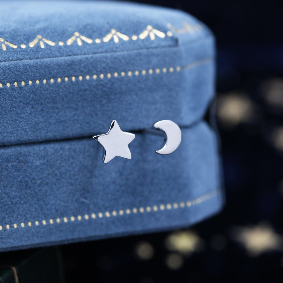Tiny Chubby Star and Moon Stud Earrings in Sterling Silver, Mismatched Star and Crescent Moon Celestial Stud, Polished or Textured