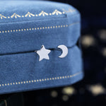 Tiny Chubby Star and Moon Stud Earrings in Sterling Silver, Mismatched Star and Crescent Moon Celestial Stud, Polished or Textured