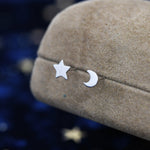 Tiny Chubby Star and Moon Stud Earrings in Sterling Silver, Mismatched Star and Crescent Moon Celestial Stud, Polished or Textured