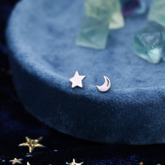 Tiny Chubby Star and Moon Stud Earrings in Sterling Silver, Mismatched Star and Crescent Moon Celestial Stud, Polished or Textured