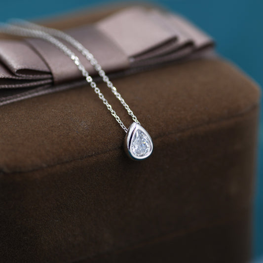 Pear Cut CZ Necklace in Sterling Silver, Gold over Sterling Silver, Diamond CZ, April Birthstone, Droplet Necklace, Droplet CZ Necklace