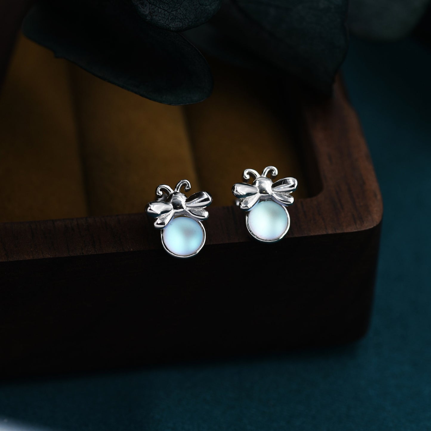 Firefly Stud Earrings in Sterling Silver with Frosted Moonstone - Cute, Fun, Whimsical and Pretty Jewellery