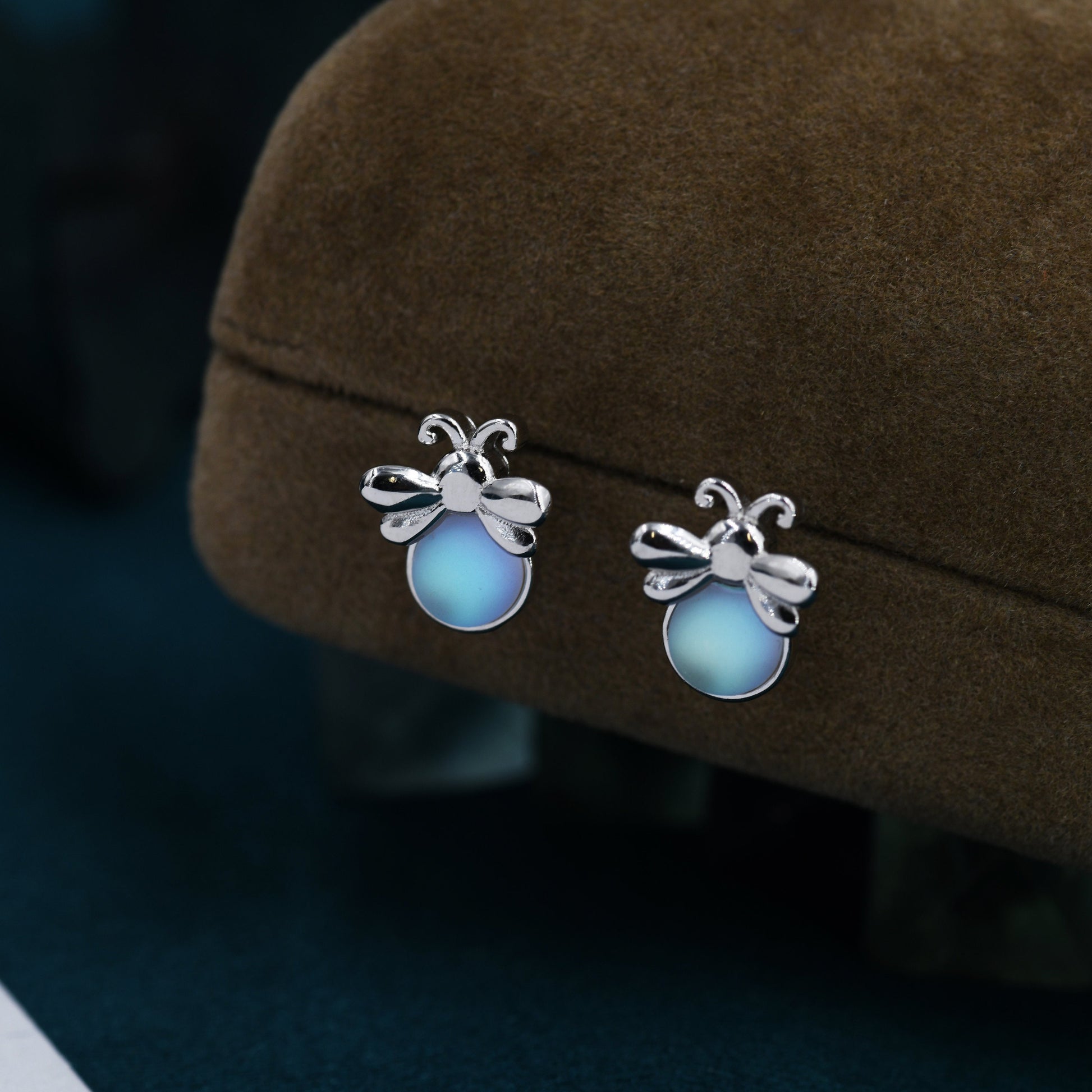 Firefly Stud Earrings in Sterling Silver with Frosted Moonstone - Cute, Fun, Whimsical and Pretty Jewellery