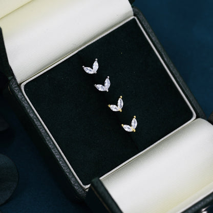 Sterling Silver CZ Marquise Leaf Duo Stud Earrings,  Gold or Silver, Marquise Fan Stud, CZ Crown Stud, Two Marquise Stud