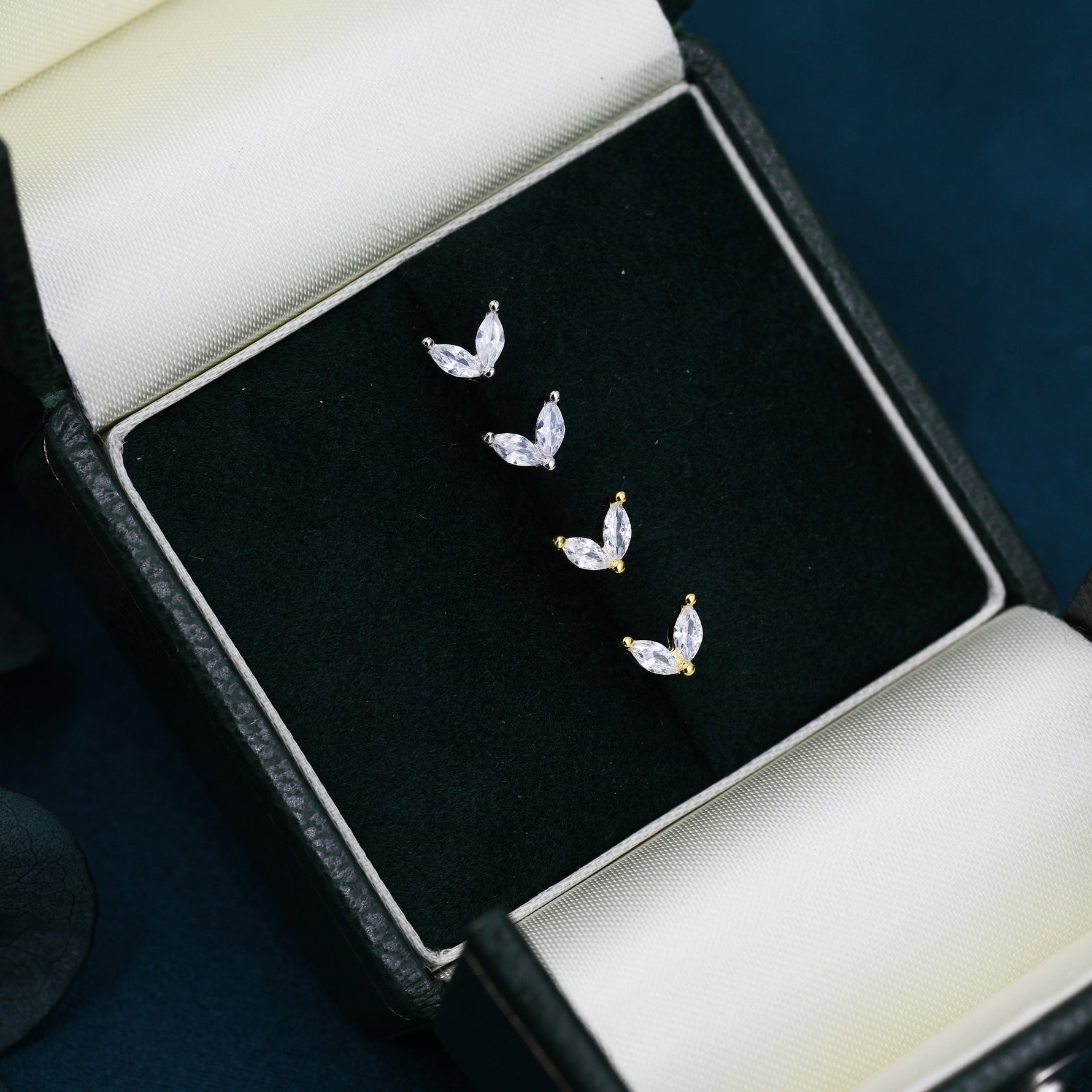Sterling Silver CZ Marquise Leaf Duo Stud Earrings, Gold or Silver, Marquise Fan Stud, CZ Crown Stud, Two Marquise Stud