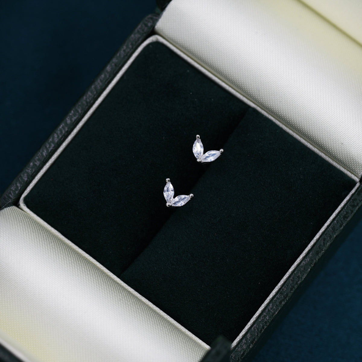 Sterling Silver CZ Marquise Leaf Duo Stud Earrings, Gold or Silver, Marquise Fan Stud, CZ Crown Stud, Two Marquise Stud