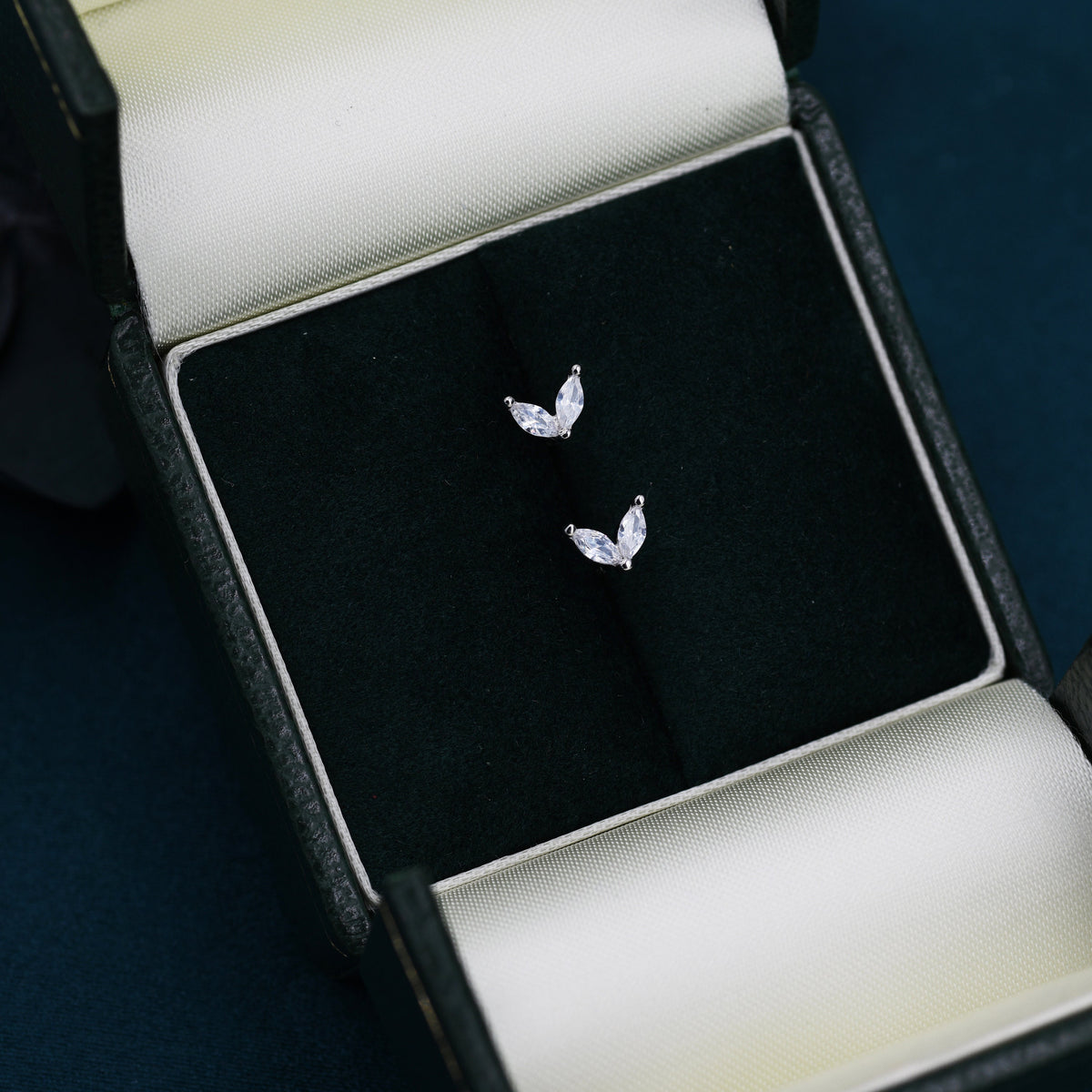 Sterling Silver CZ Marquise Leaf Duo Stud Earrings, Gold or Silver, Marquise Fan Stud, CZ Crown Stud, Two Marquise Stud