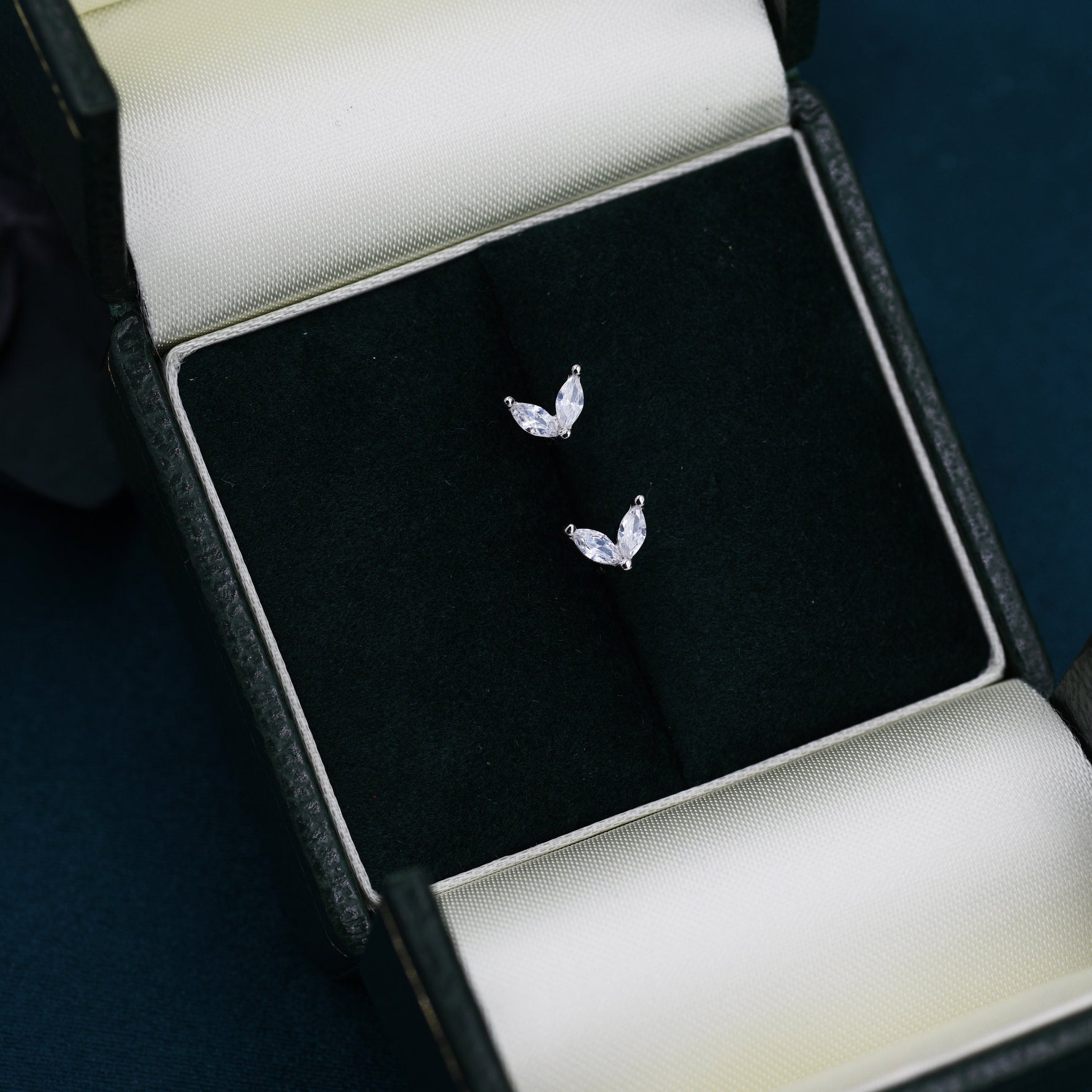 Sterling Silver CZ Marquise Leaf Duo Stud Earrings, Gold or Silver, Marquise Fan Stud, CZ Crown Stud, Two Marquise Stud