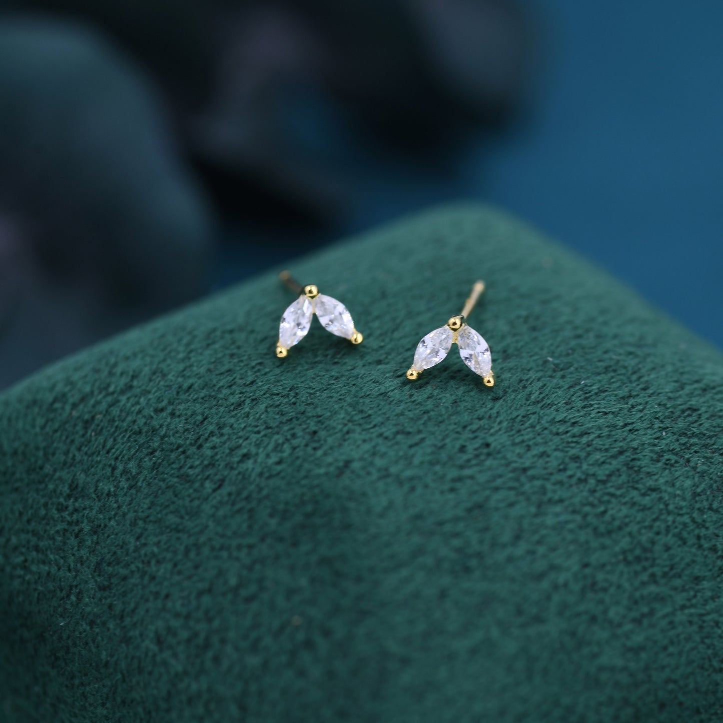 Sterling Silver CZ Marquise Leaf Duo Stud Earrings,  Gold or Silver, Marquise Fan Stud, CZ Crown Stud, Two Marquise Stud