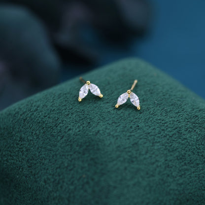 Sterling Silver CZ Marquise Leaf Duo Stud Earrings,  Gold or Silver, Marquise Fan Stud, CZ Crown Stud, Two Marquise Stud