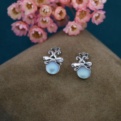 Firefly Stud Earrings in Sterling Silver with Frosted Moonstone - Cute, Fun, Whimsical and Pretty Jewellery