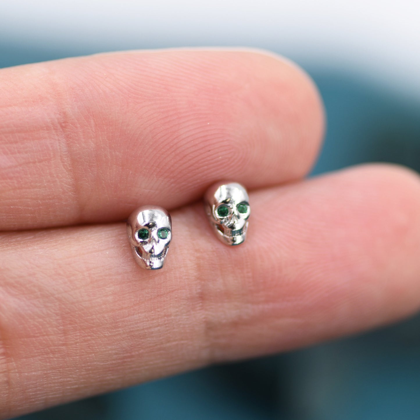 Extra Tiny Skull Stud Earrings in Sterling Silver with Emerald Green CZ - Gold or Silver - Skull Earrings - Petite Stud Earrings