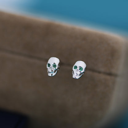 Extra Tiny Skull Stud Earrings in Sterling Silver with Emerald Green CZ - Gold or Silver - Skull Earrings - Petite Stud Earrings