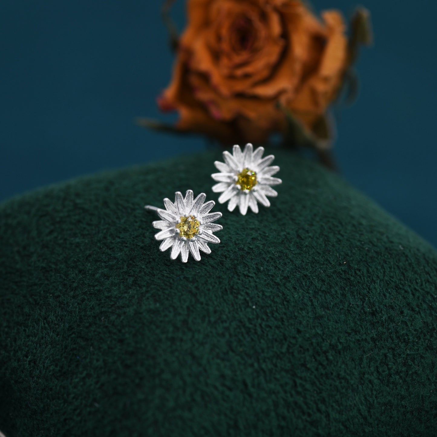 Citrine Daisy Flower Blossom Stud Earrings in Sterling SIlver , Dainty and Delicate, Cute and Quirky Jewellery