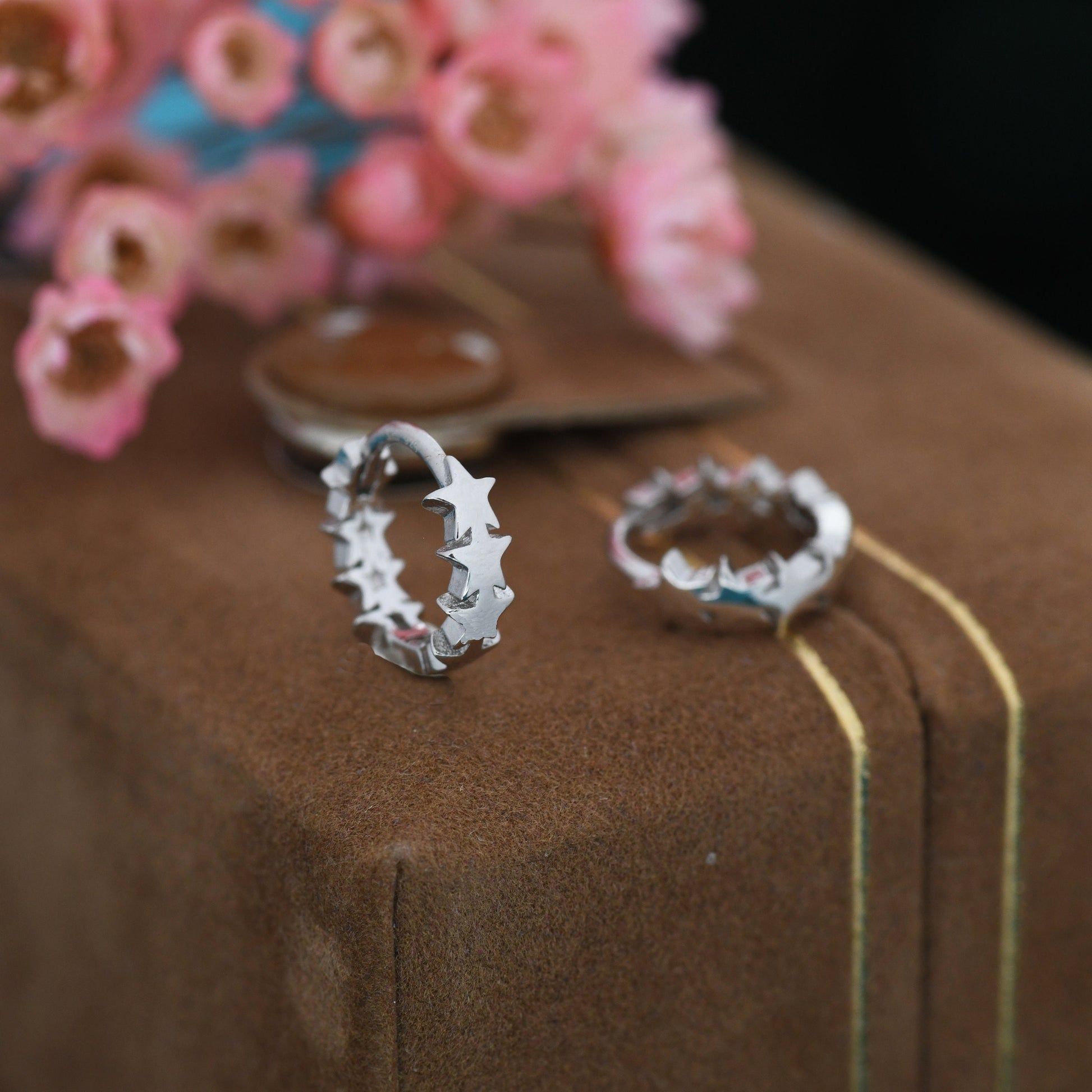 Star Motif Huggie Hoop Earrings in Sterling Silver, Star Hoop Snug Earrings, 8mm Hoop, Silver or Gold, Geometric Design