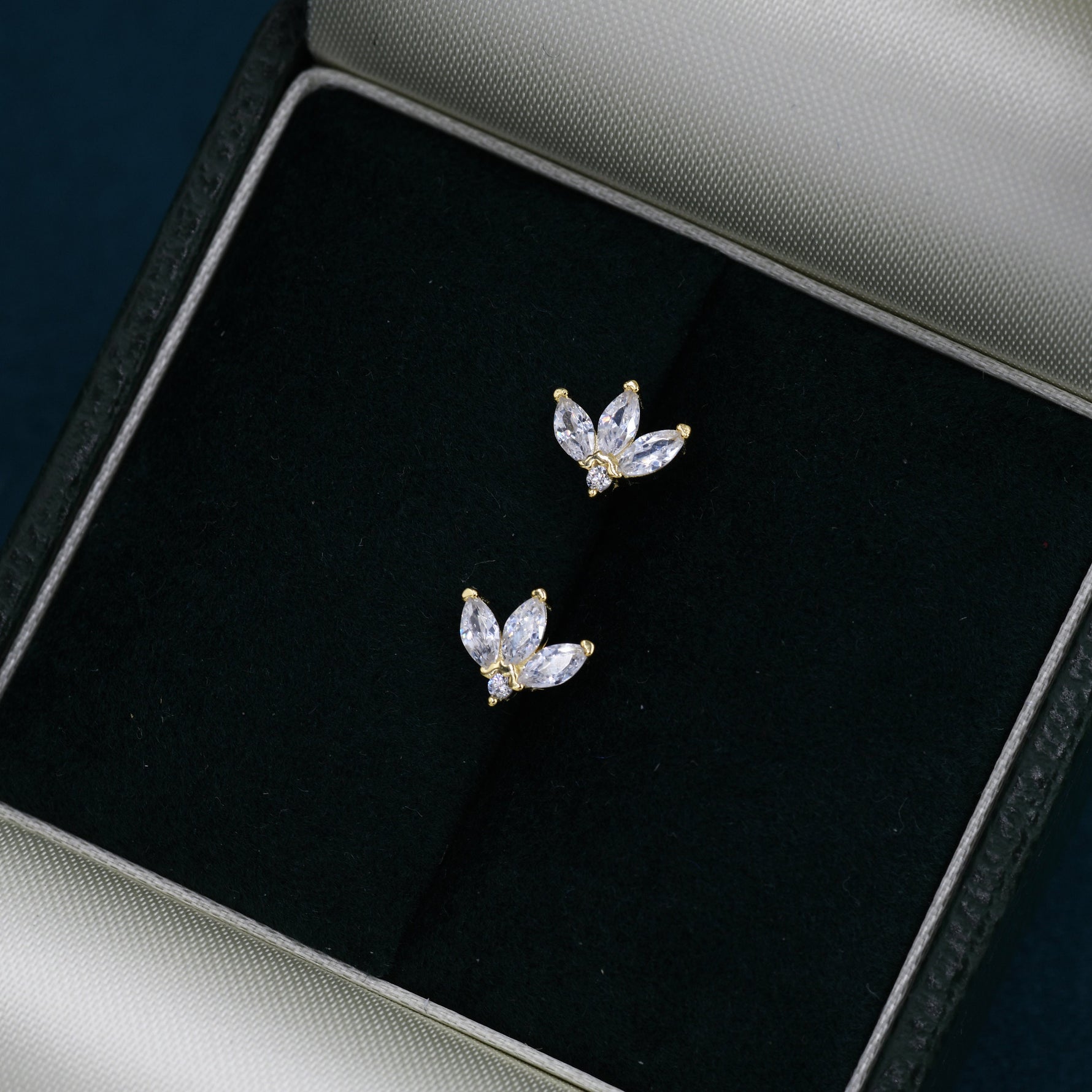 Sterling Silver CZ Marquise Cluster Stud Earrings, Gold or Silver, Marquise Fan Stud, CZ Crown Stud, Three Marquise Stud