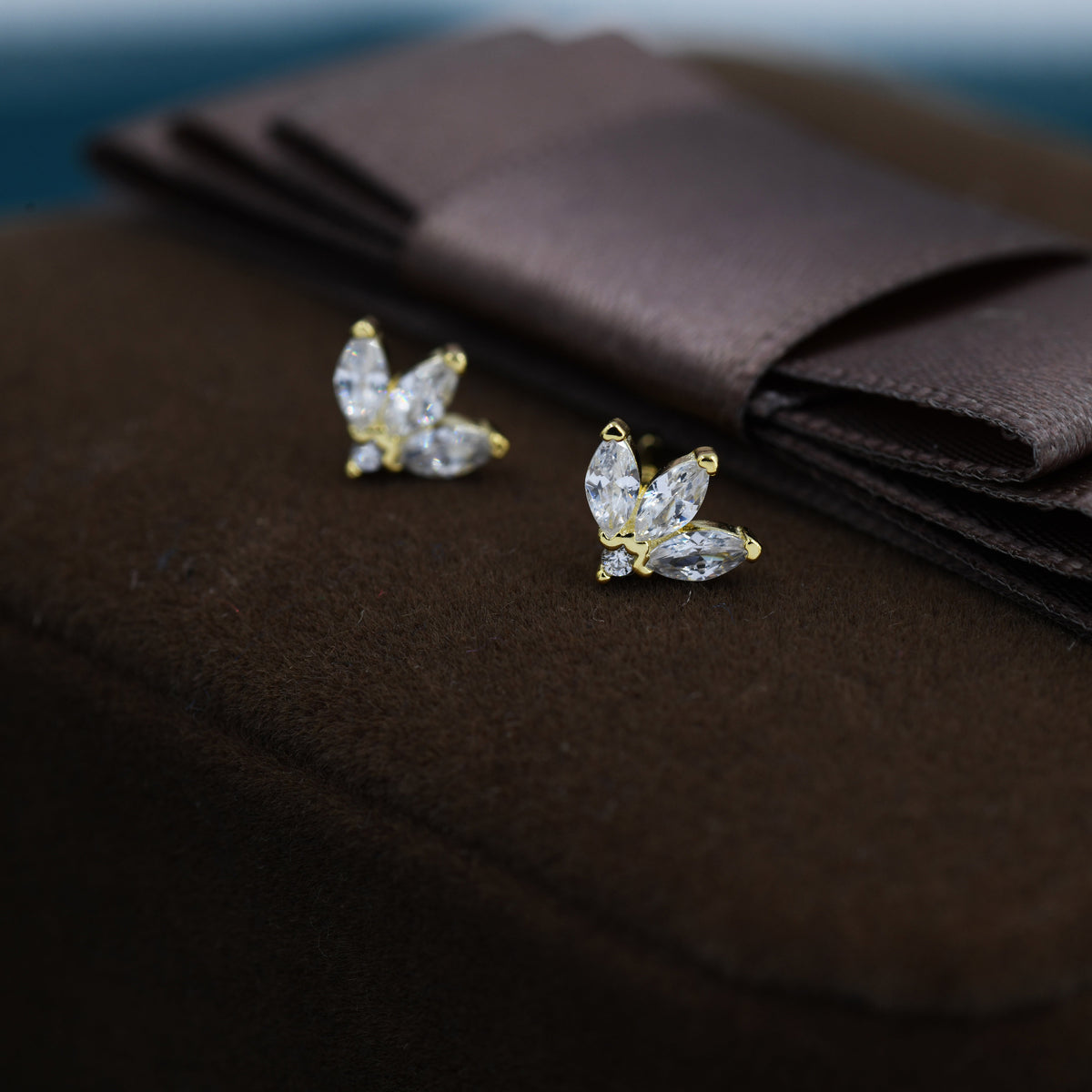 Sterling Silver CZ Marquise Cluster Stud Earrings, Gold or Silver, Marquise Fan Stud, CZ Crown Stud, Three Marquise Stud