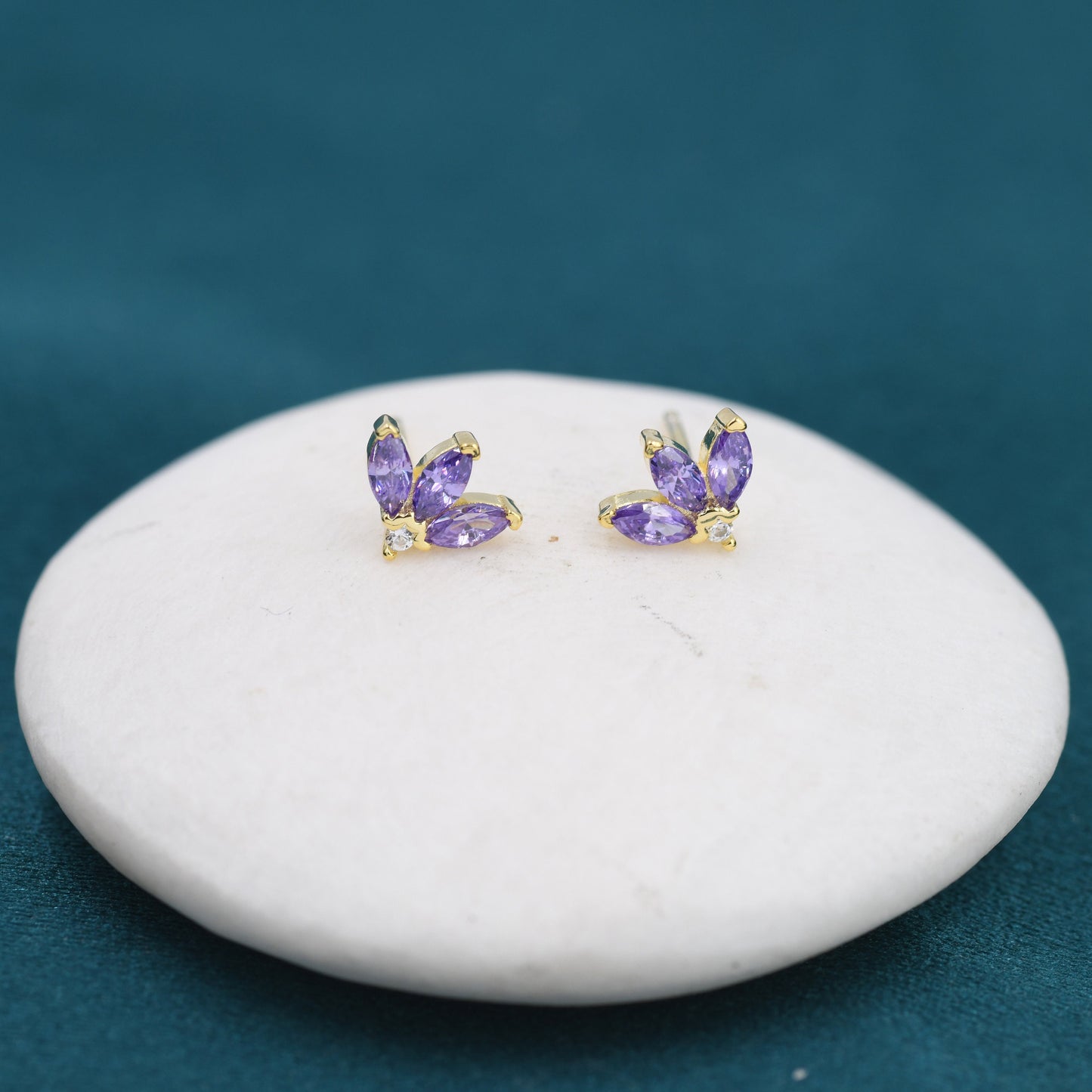 Sterling Silver Amethyst Purple CZ Marquise Cluster Stud Earrings, Gold or Silver, Marquise Fan Stud, CZ Crown Stud, Three Marquise Stud
