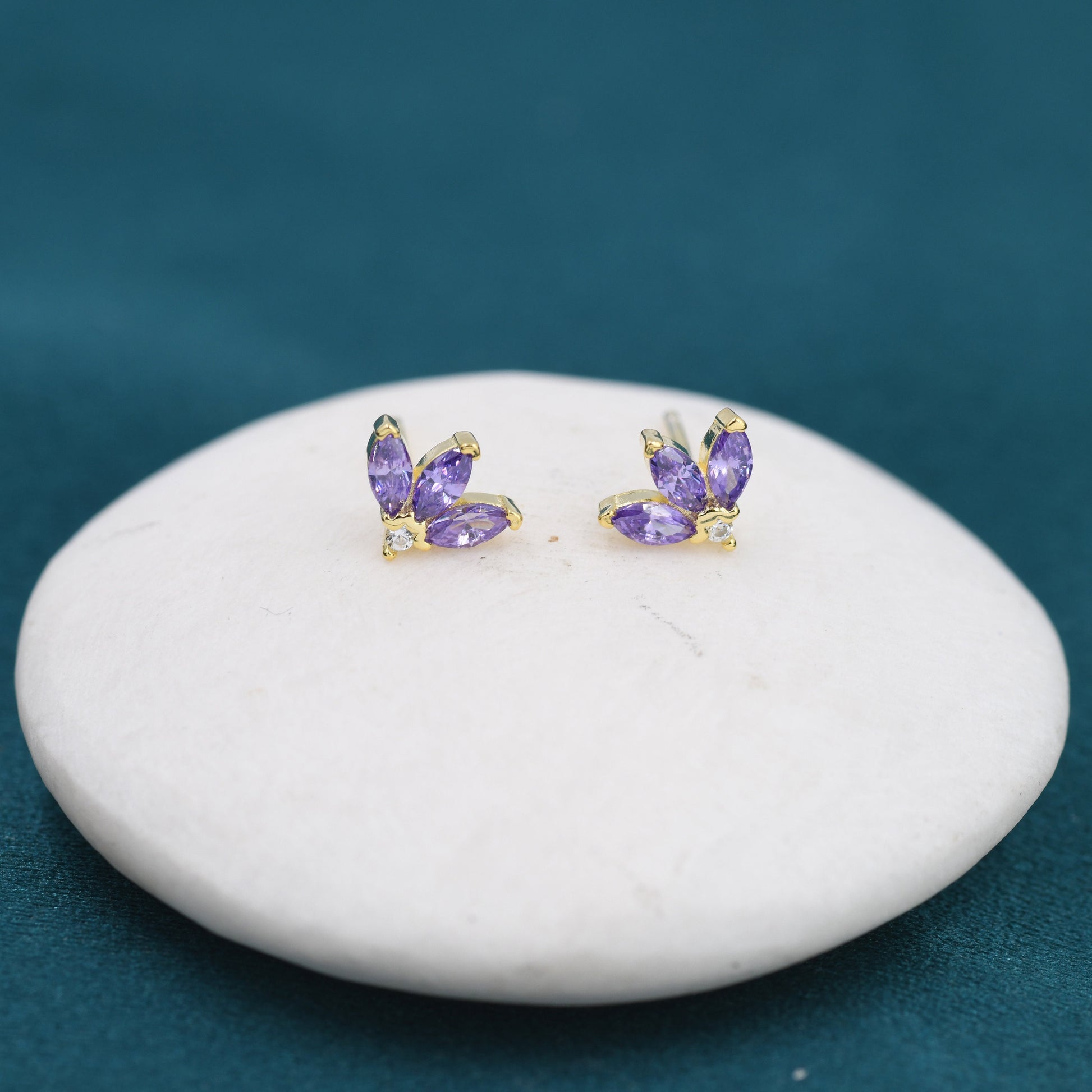 Sterling Silver Amethyst Purple CZ Marquise Cluster Stud Earrings, Gold or Silver, Marquise Fan Stud, CZ Crown Stud, Three Marquise Stud