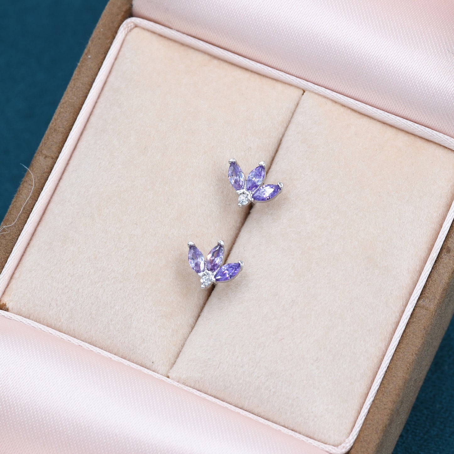 Sterling Silver Amethyst Purple CZ Marquise Cluster Stud Earrings, Gold or Silver, Marquise Fan Stud, CZ Crown Stud, Three Marquise Stud