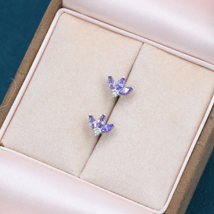 Sterling Silver Amethyst Purple CZ Marquise Cluster Stud Earrings, Gold or Silver, Marquise Fan Stud, CZ Crown Stud, Three Marquise Stud