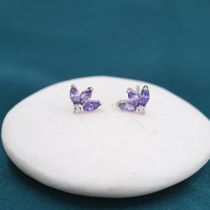 Sterling Silver Amethyst Purple CZ Marquise Cluster Stud Earrings, Gold or Silver, Marquise Fan Stud, CZ Crown Stud, Three Marquise Stud