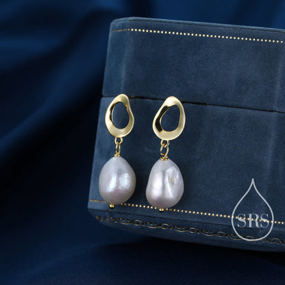 Genuine Fresh Water Pearl Drop Stud Earrings, Baroque Pearl, Sterling silver with 18ct Gold Plating, Contemporary Design