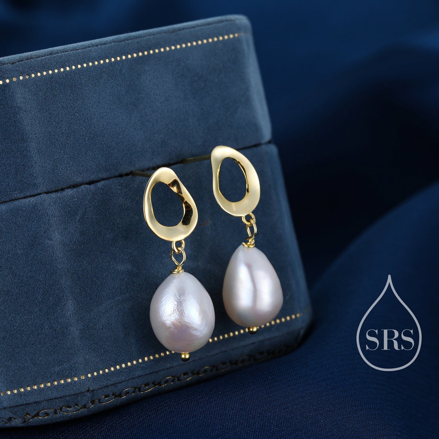 Genuine Fresh Water Pearl Drop Stud Earrings, Baroque Pearl, Sterling silver with 18ct Gold Plating, Contemporary Design