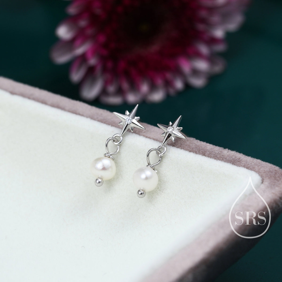 Tiny Starburst and Dangle Pearl Stud Earrings in Sterling Silver, Silver, Gold or Rose Gold, Star Earrings, Sunburst Earrings, Celestial
