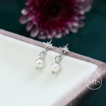 Tiny Starburst and Dangle Pearl Stud Earrings in Sterling Silver, Silver, Gold or Rose Gold, Star Earrings, Sunburst Earrings, Celestial